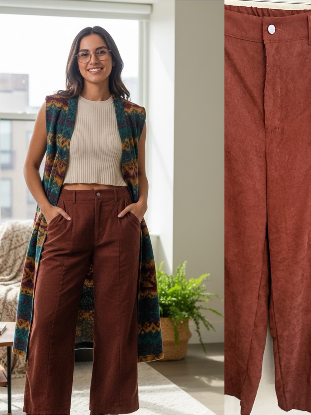 Rust Wide Leg Cropped Pull-On Pants XL Stretch Career Casual